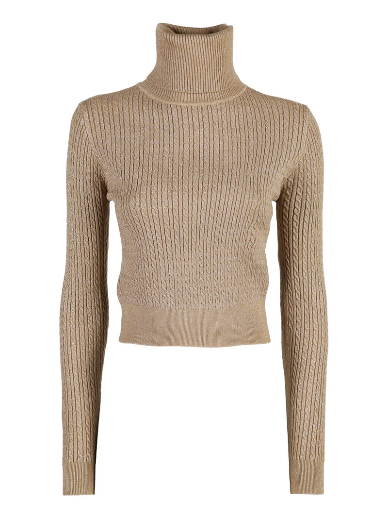 Maglia dolcevita donna a trecce con lurex - marrone