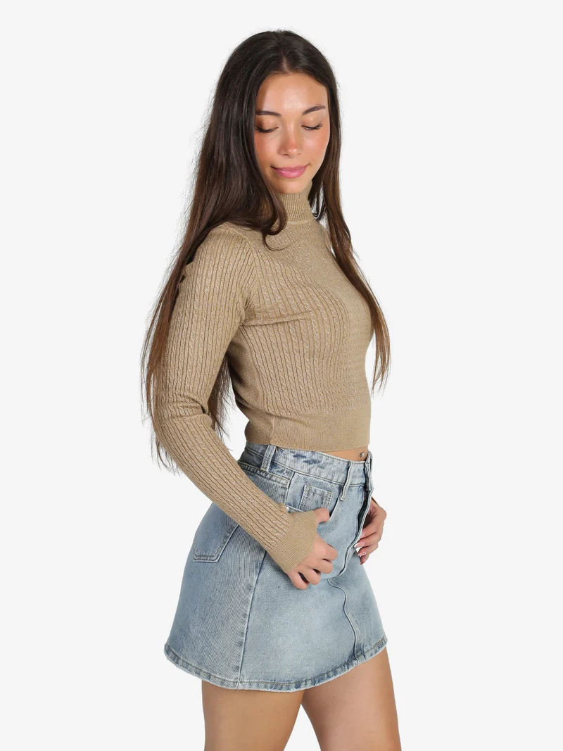 Maglia dolcevita donna a trecce con lurex - marrone