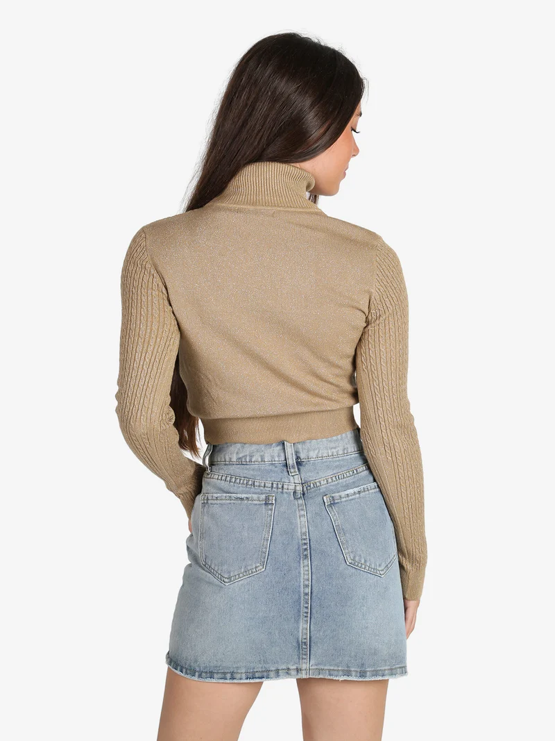 Maglia dolcevita donna a trecce con lurex - marrone