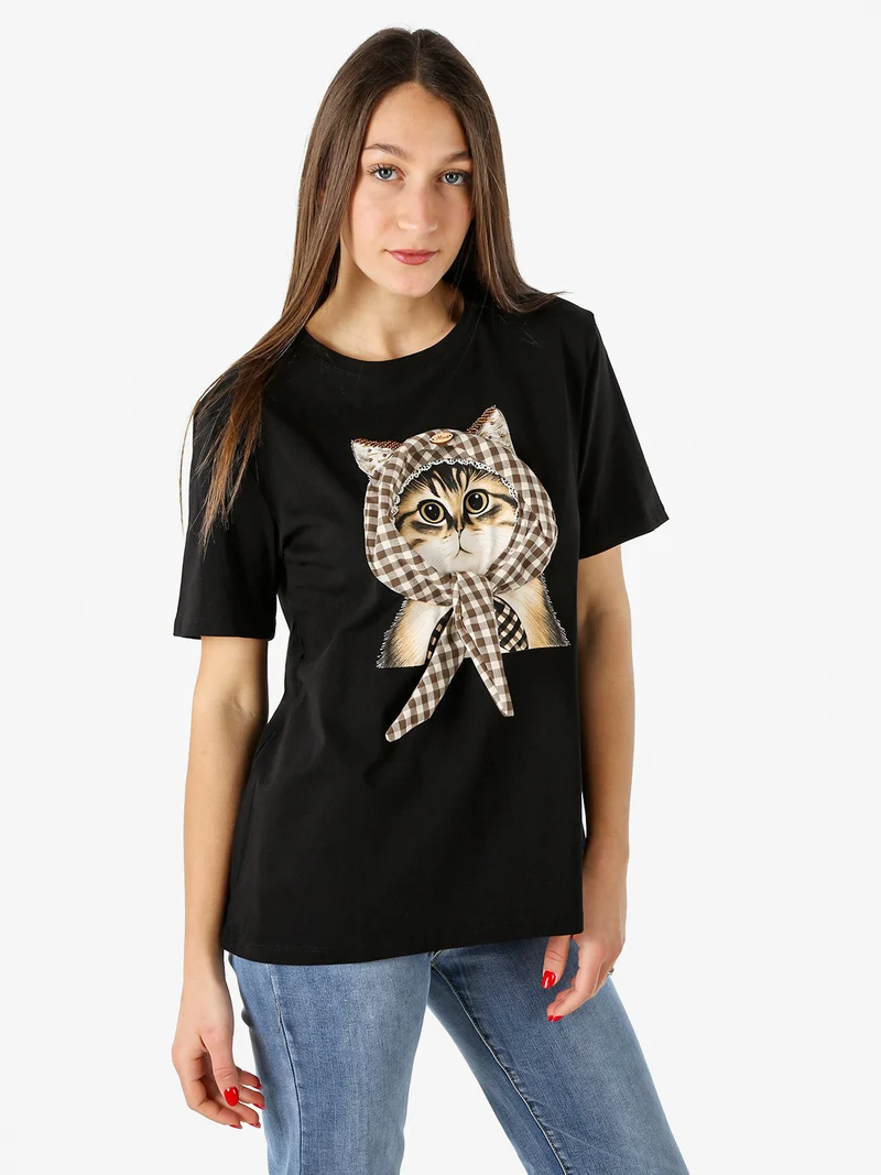 T-shirt donna con stampa gatto - nero