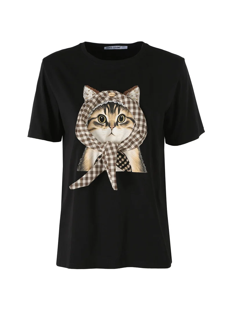 T-shirt donna con stampa gatto - nero