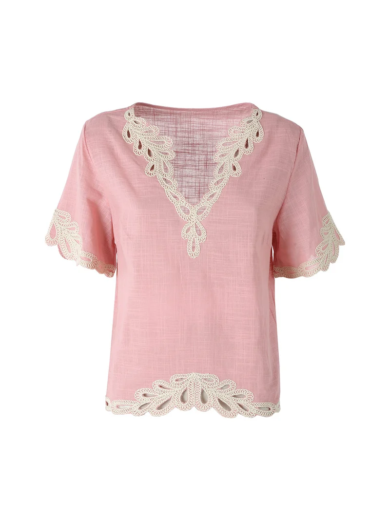 Blusa donna in misto lino e cotone a maniche corte con ricami - rosa