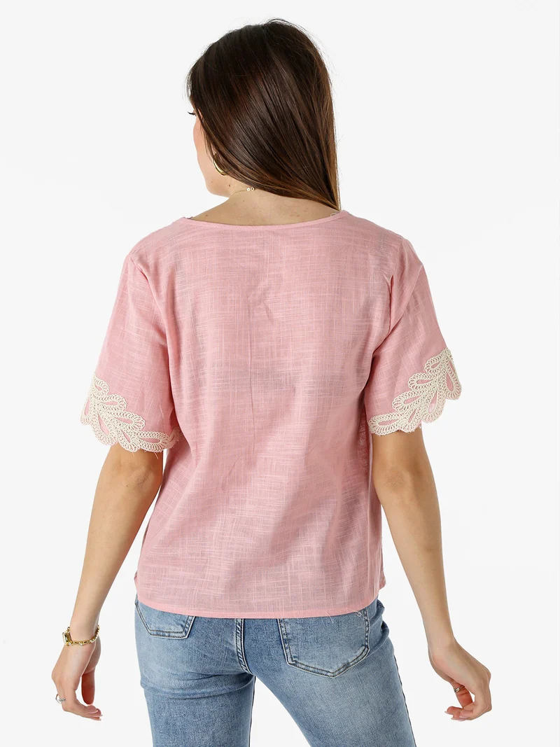 Blusa donna in misto lino e cotone a maniche corte con ricami - rosa