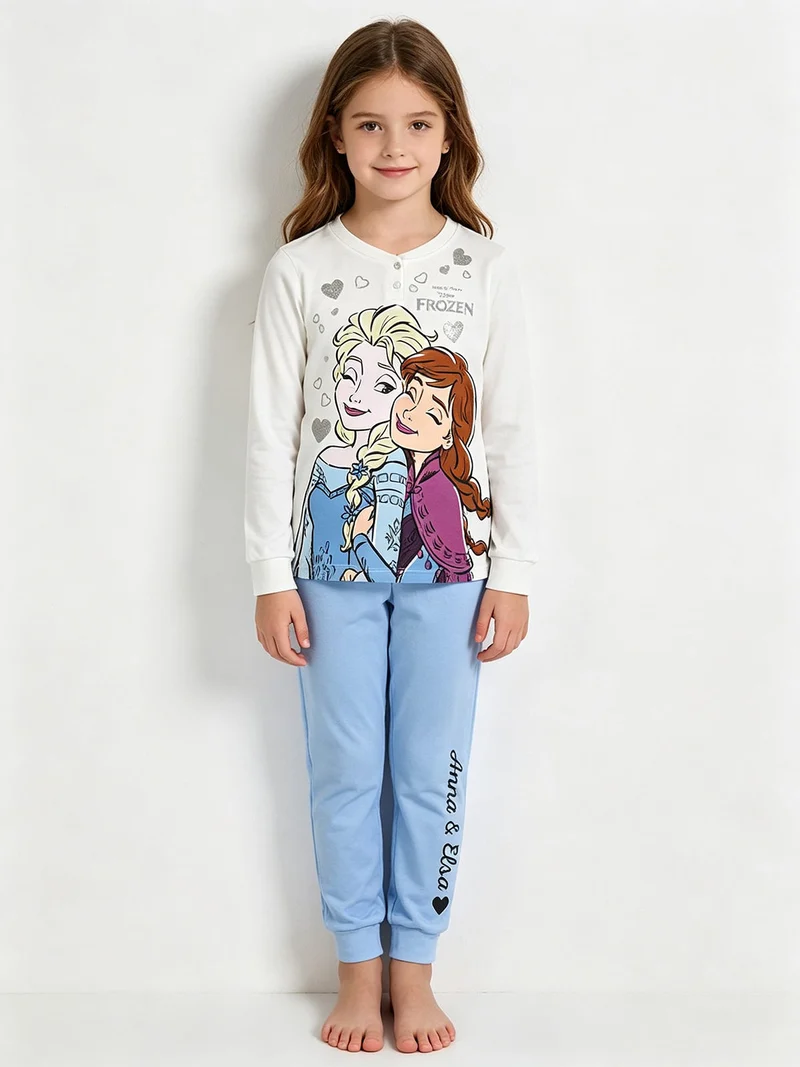 Pigiama lungo da bambina Elsa e Anna in cotone interlock - bianco