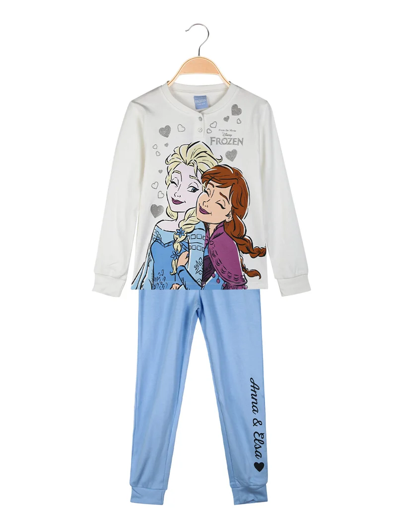 Pigiama lungo da bambina Elsa e Anna in cotone interlock - bianco