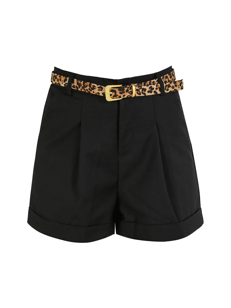 Shorts donna a vita alta con risvolto e cintura animalier - nero
