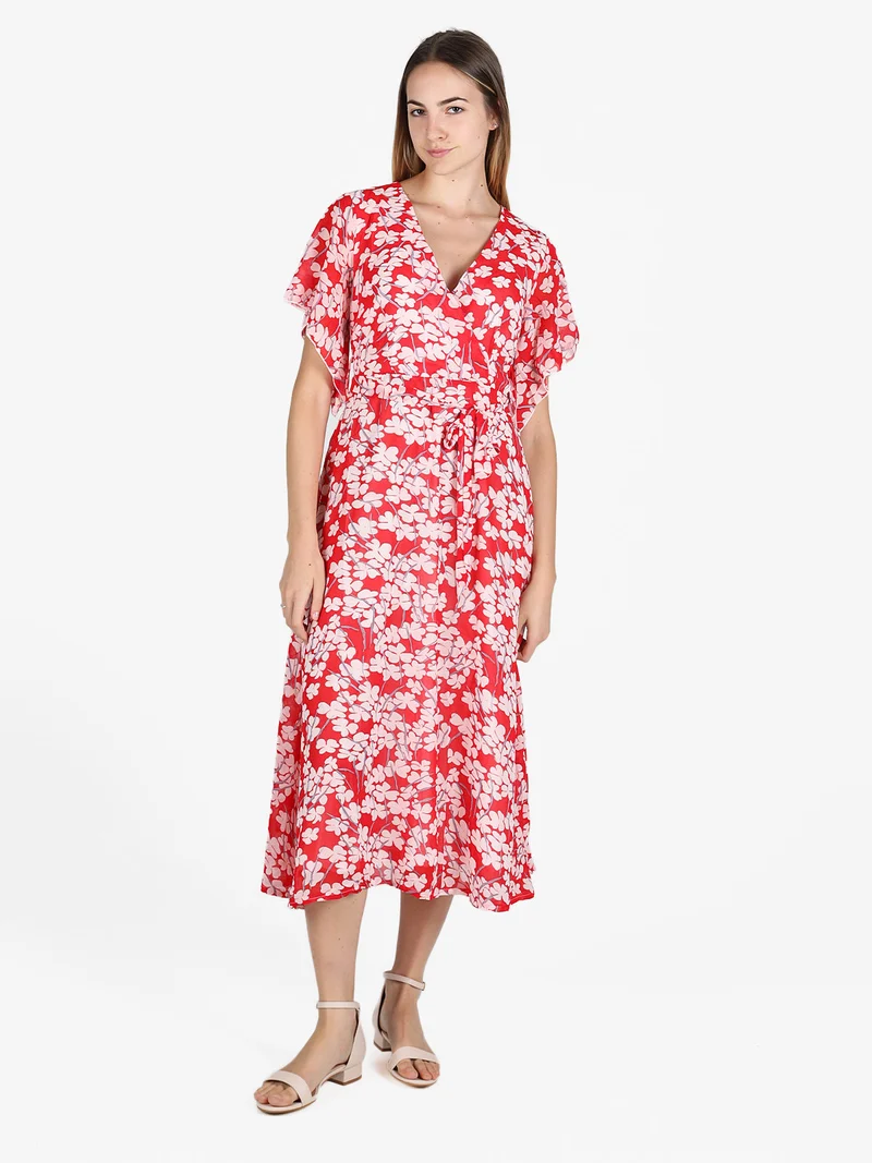 Abito lungo da donna con scollo V e maniche corte - rosso