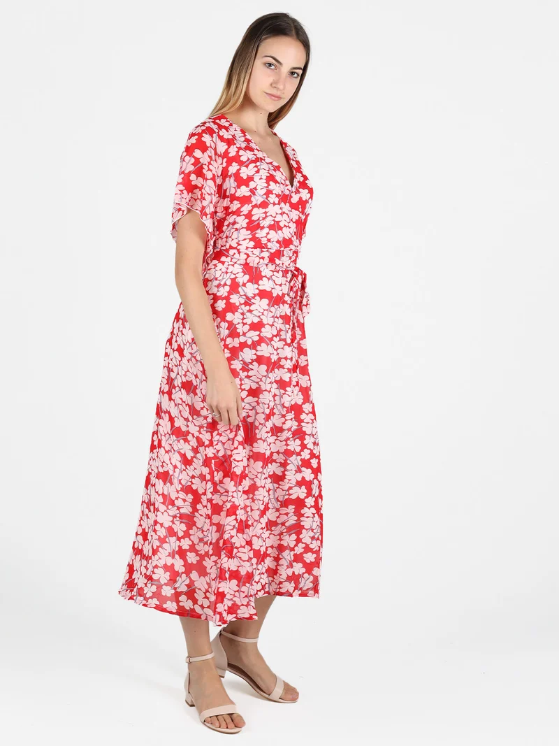 Abito lungo da donna con scollo V e maniche corte - rosso