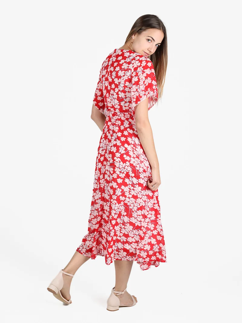 Abito lungo da donna con scollo V e maniche corte - rosso