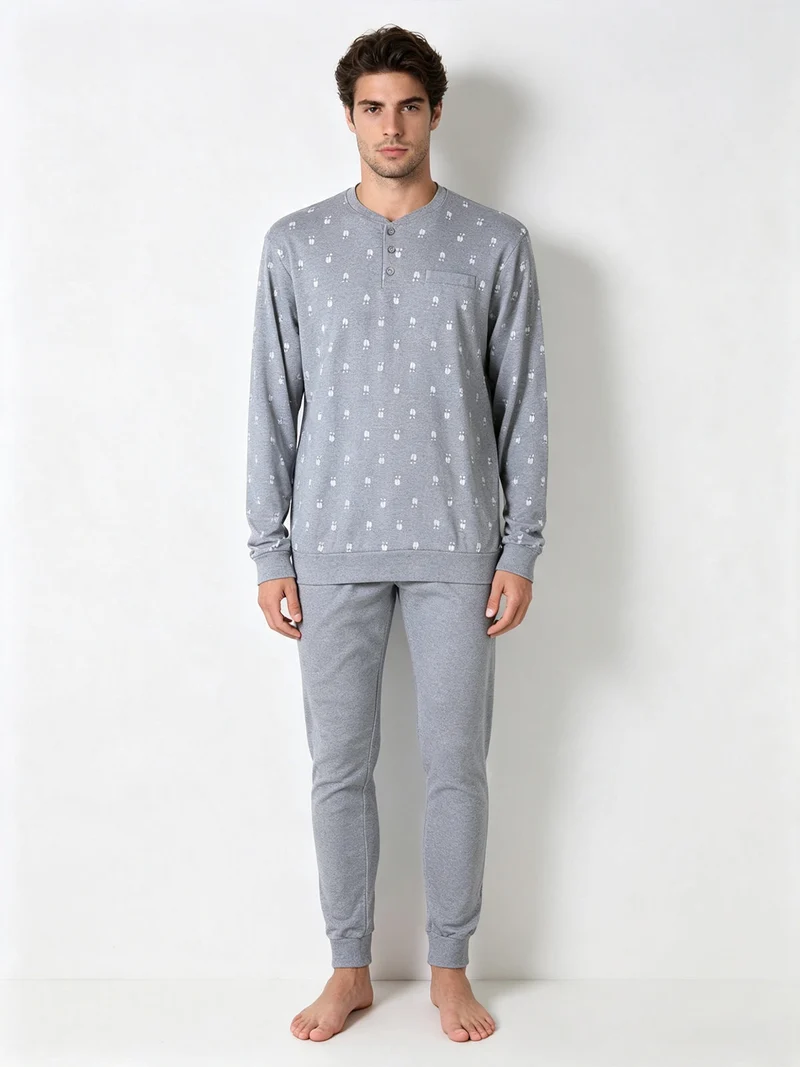Pigiama lungo da uomo in cotone interlock con stampe birilli - grigio