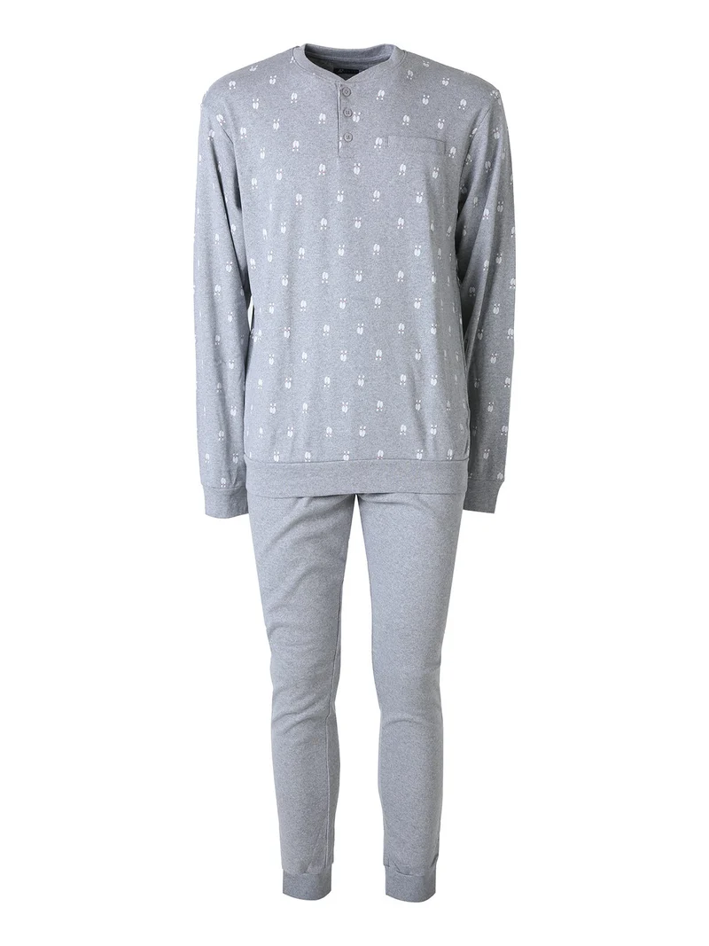 Pigiama lungo da uomo in cotone interlock con stampe birilli - grigio