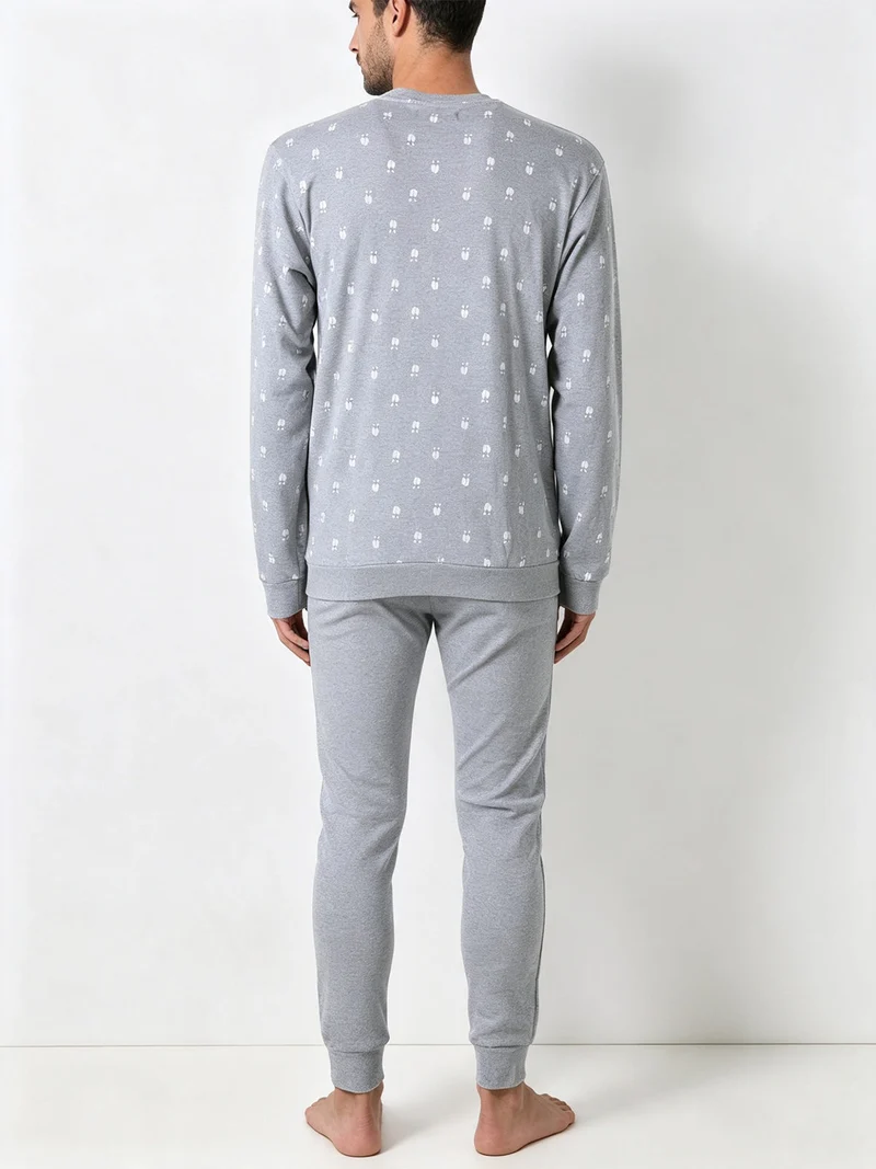 Pigiama lungo da uomo in cotone interlock con stampe birilli - grigio