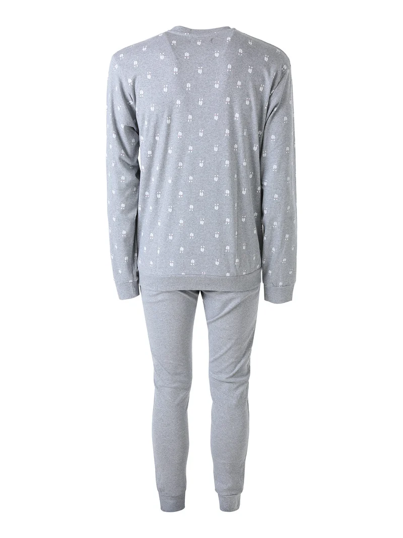 Pigiama lungo da uomo in cotone interlock con stampe birilli - grigio