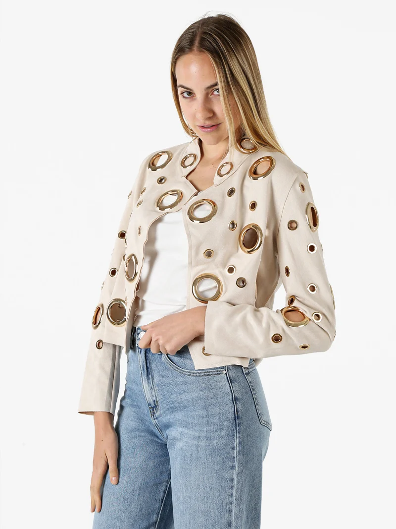 Giacca donna in tessuto scamosciato con anelli - beige