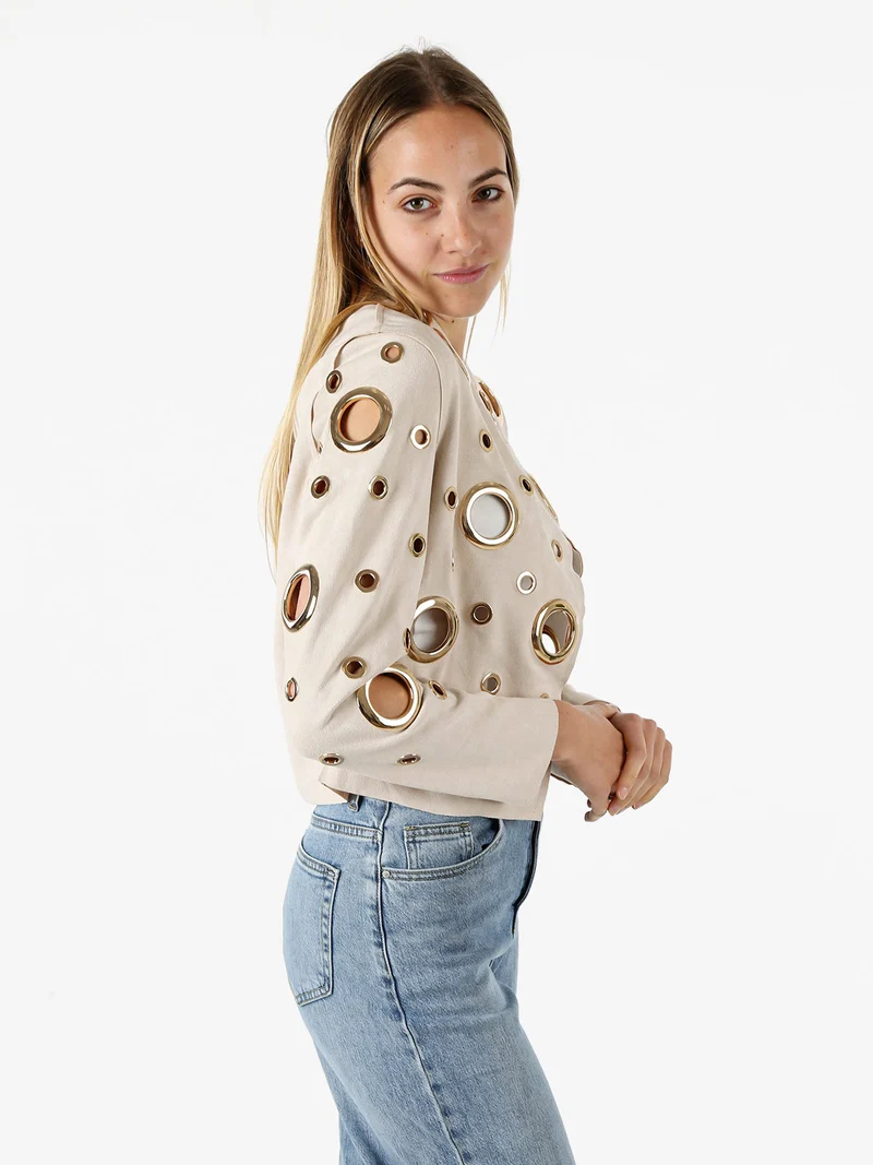 Giacca donna in tessuto scamosciato con anelli - beige