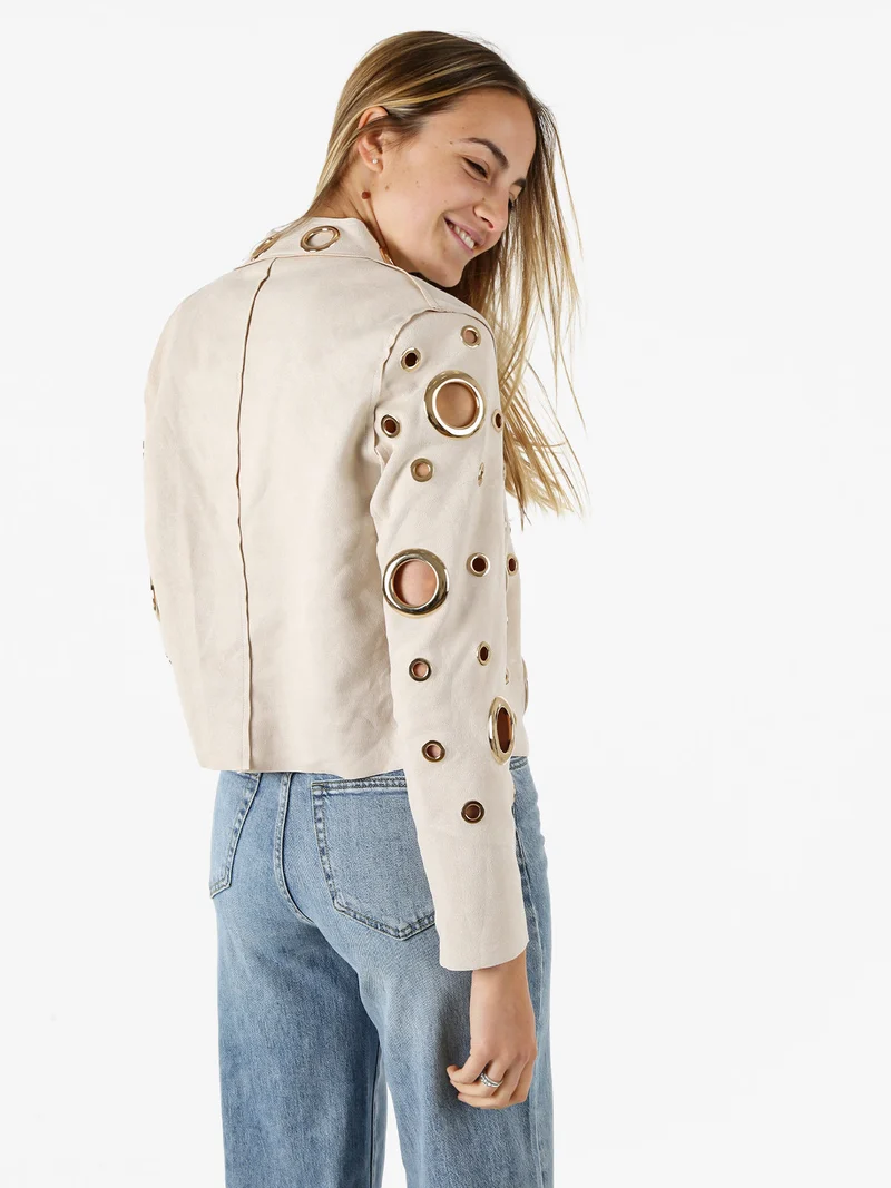 Giacca donna in tessuto scamosciato con anelli - beige