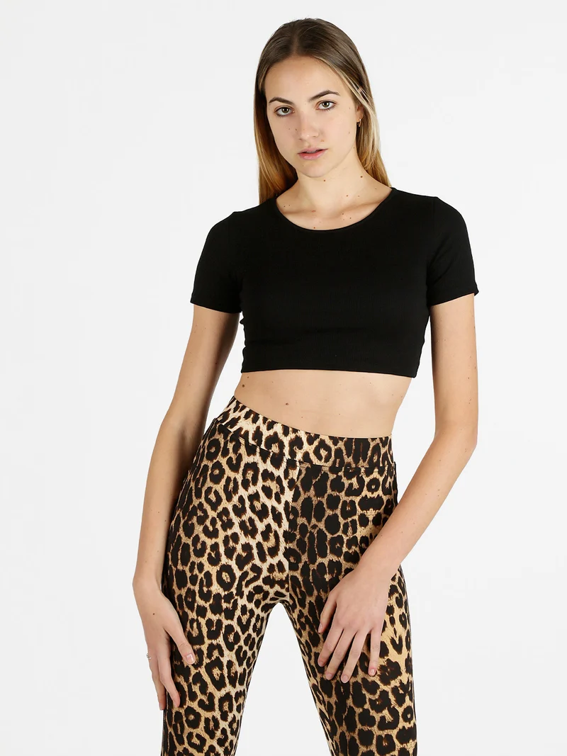 T-shirt cropped donna a costine - nero