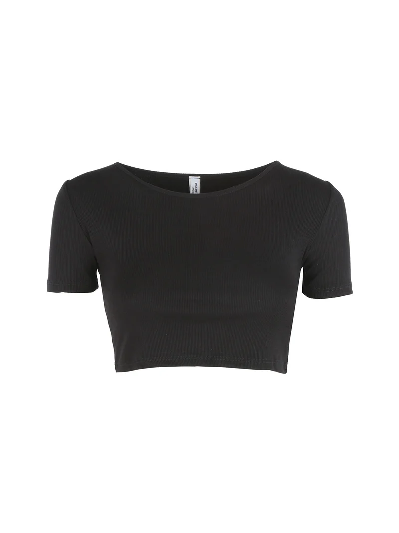 T-shirt cropped donna a costine - nero