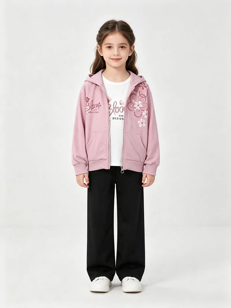 Completo tuta 3 pezzi da bambina con cappuccio e zip - rosa