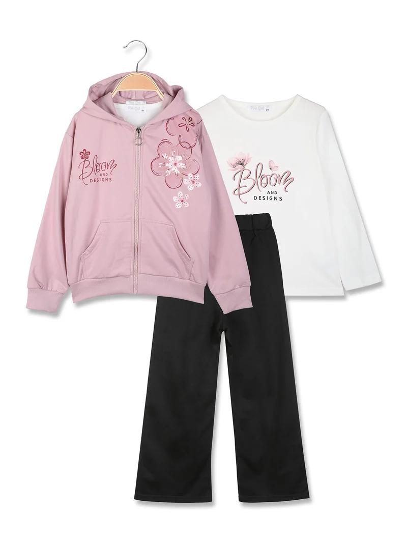 Completo tuta 3 pezzi da bambina con cappuccio e zip - rosa