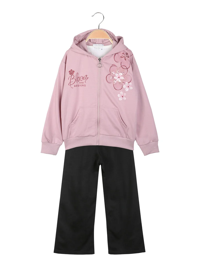 Completo tuta 3 pezzi da bambina con cappuccio e zip - rosa