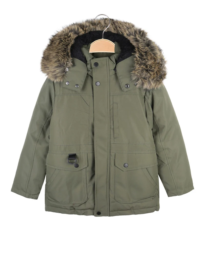 Giubbotto invernale da bambino con cappuccio e interno in ecopelo - militare