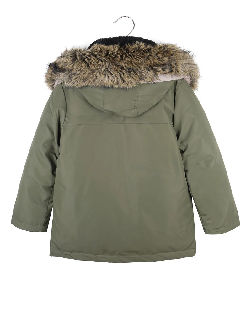 Giubbotto invernale da bambino con cappuccio e interno in ecopelo - militare