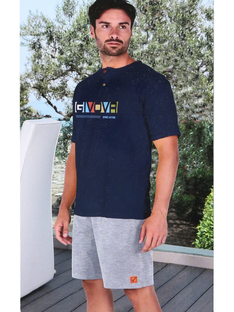 Pigiama corto da uomo in cotone a maniche corte - blu scuro