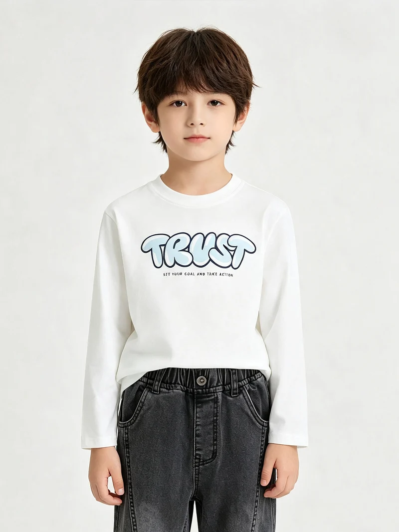 T-shirt girocollo da bambino a maniche lunghe con stampa disegno - azzurro
