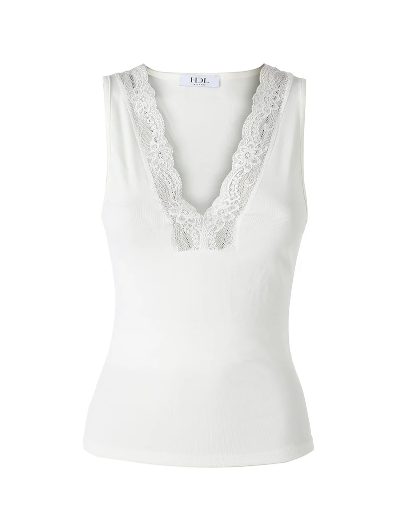 Top donna con scollo a V e pizzo - bianco