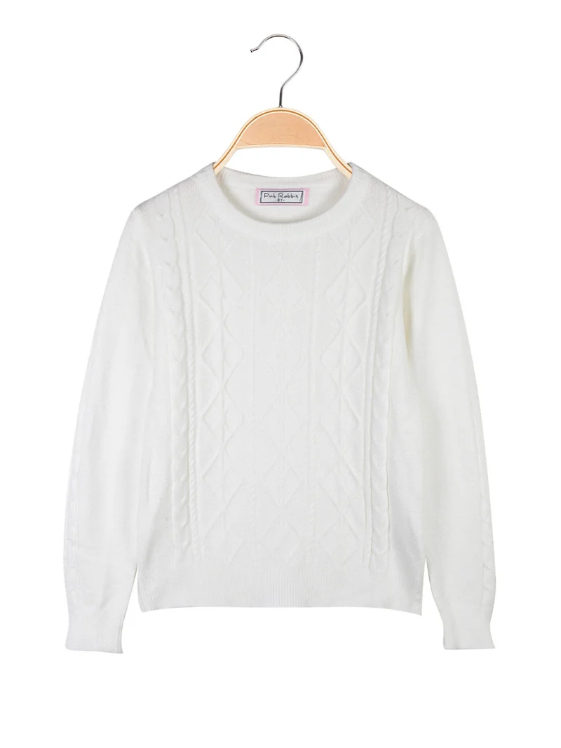 Maglione girocollo da bambina a trecce - bianco