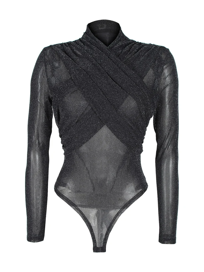 Body donna velato a maniche lunghe - argento
