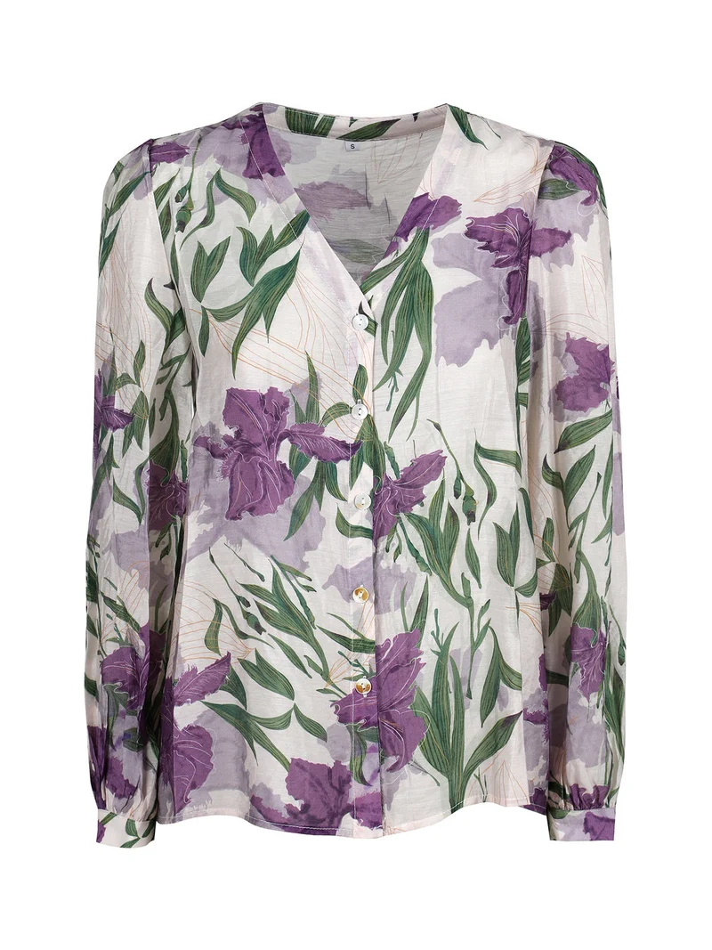 Camicia donna leggera a maniche lunghe con scollo a V - lilla