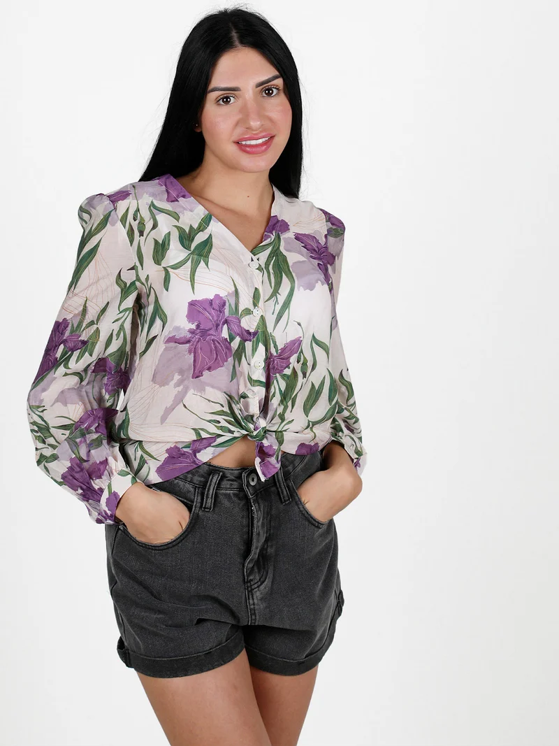 Camicia donna leggera a maniche lunghe con scollo a V - lilla