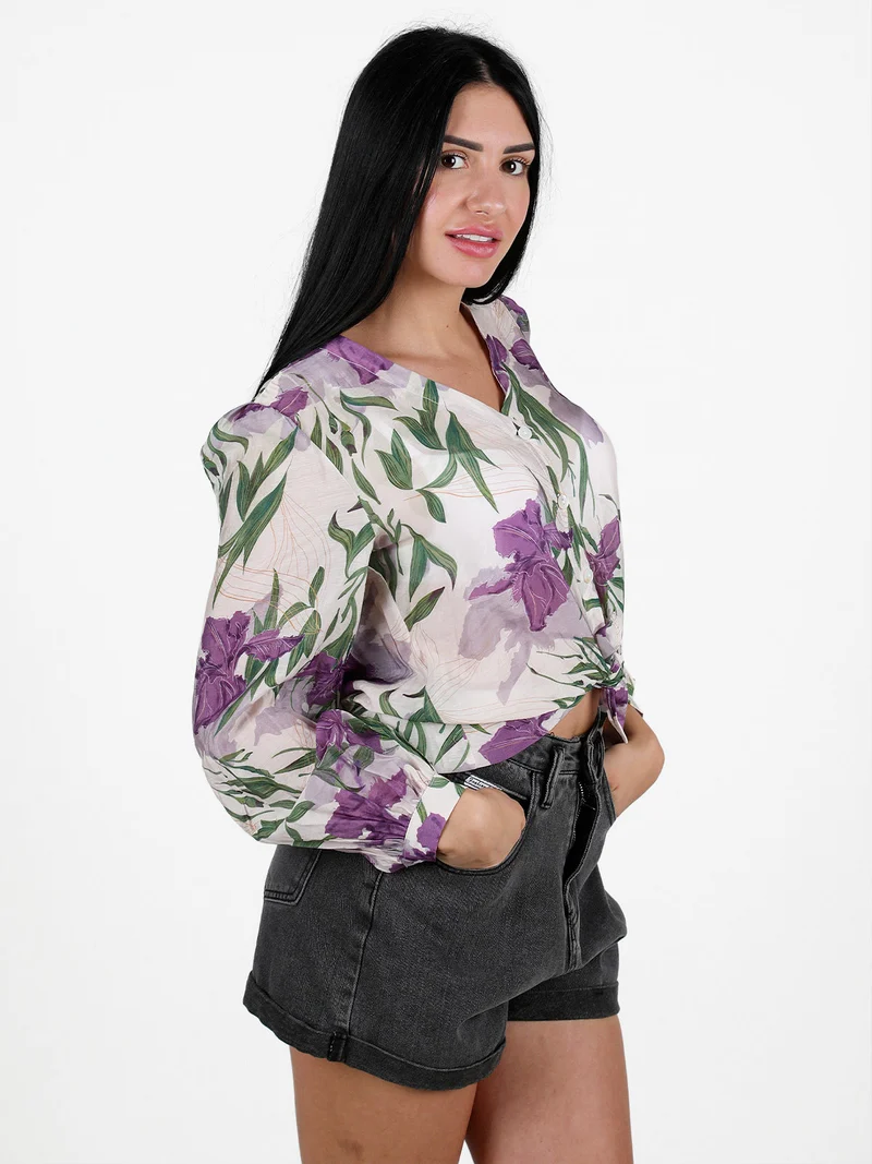 Camicia donna leggera a maniche lunghe con scollo a V - lilla