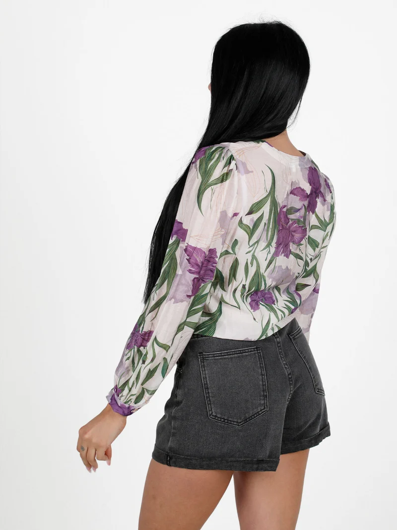 Camicia donna leggera a maniche lunghe con scollo a V - lilla