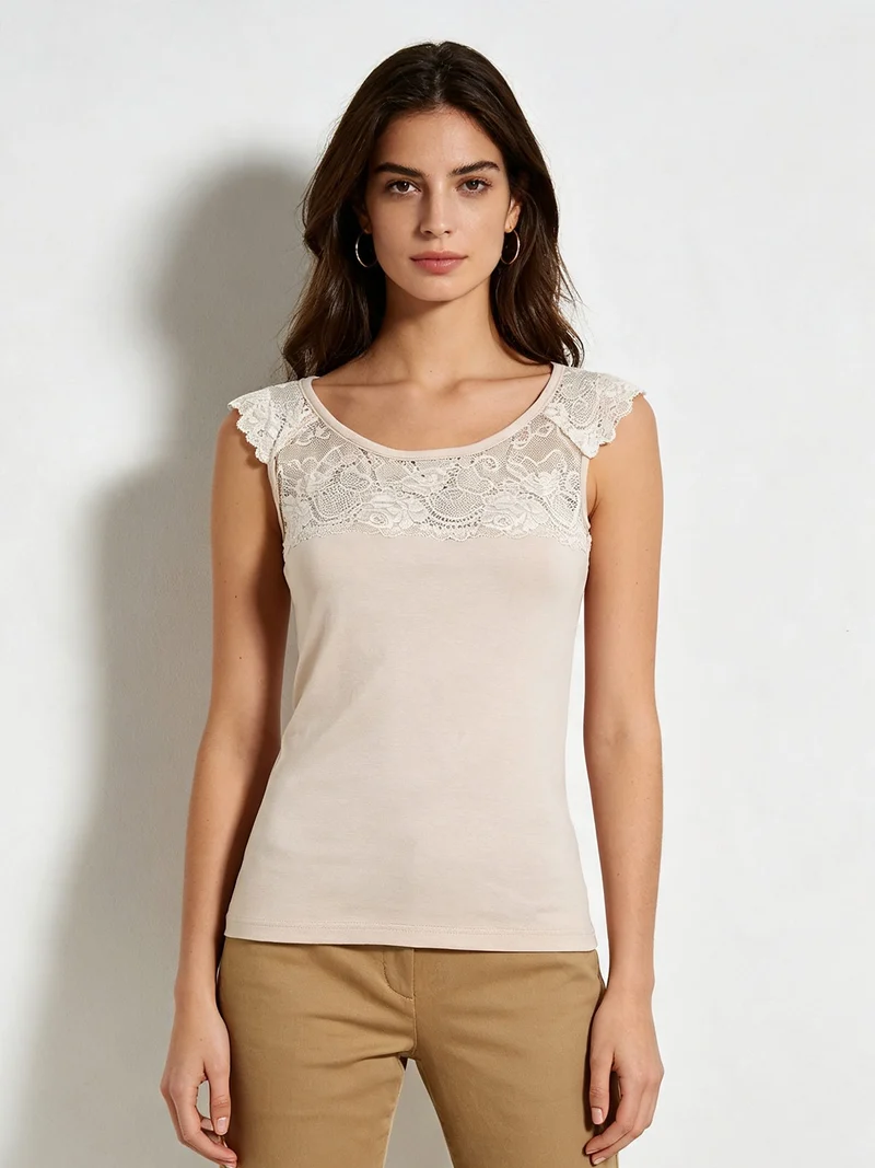 Top donna a spalla larga con scollo in pizzo - nudo
