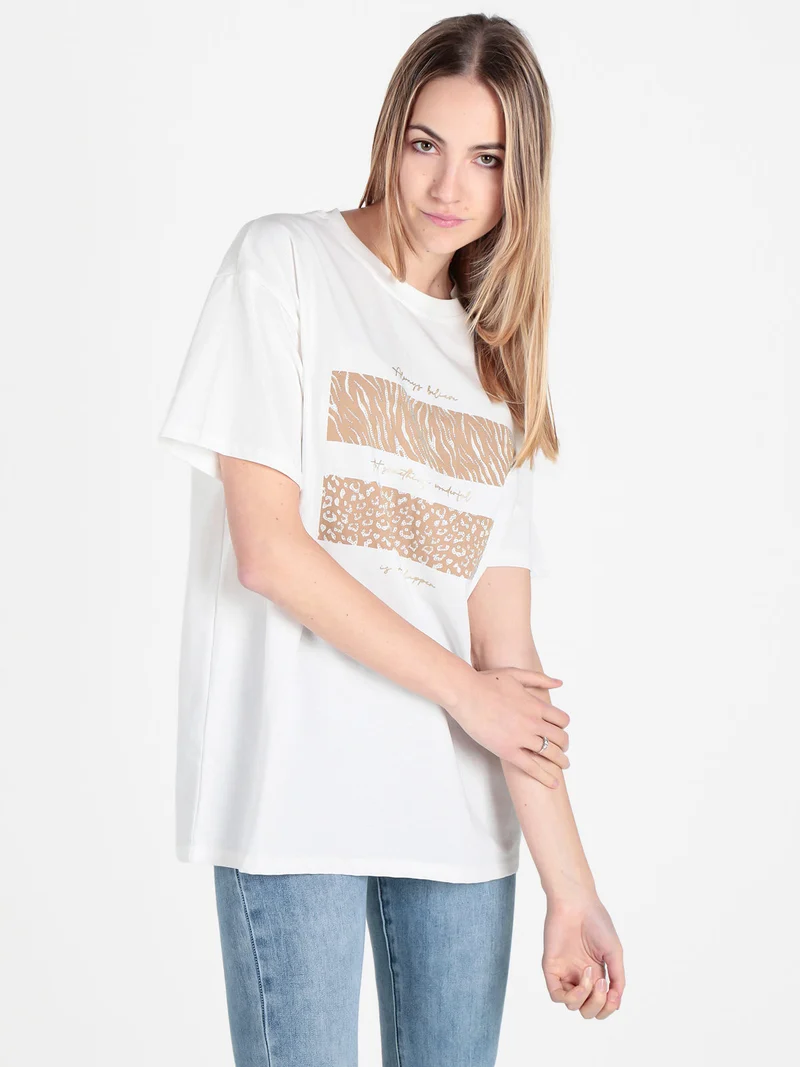 T-shirt girocollo da donna con stampa e dettagli strass - bianco
