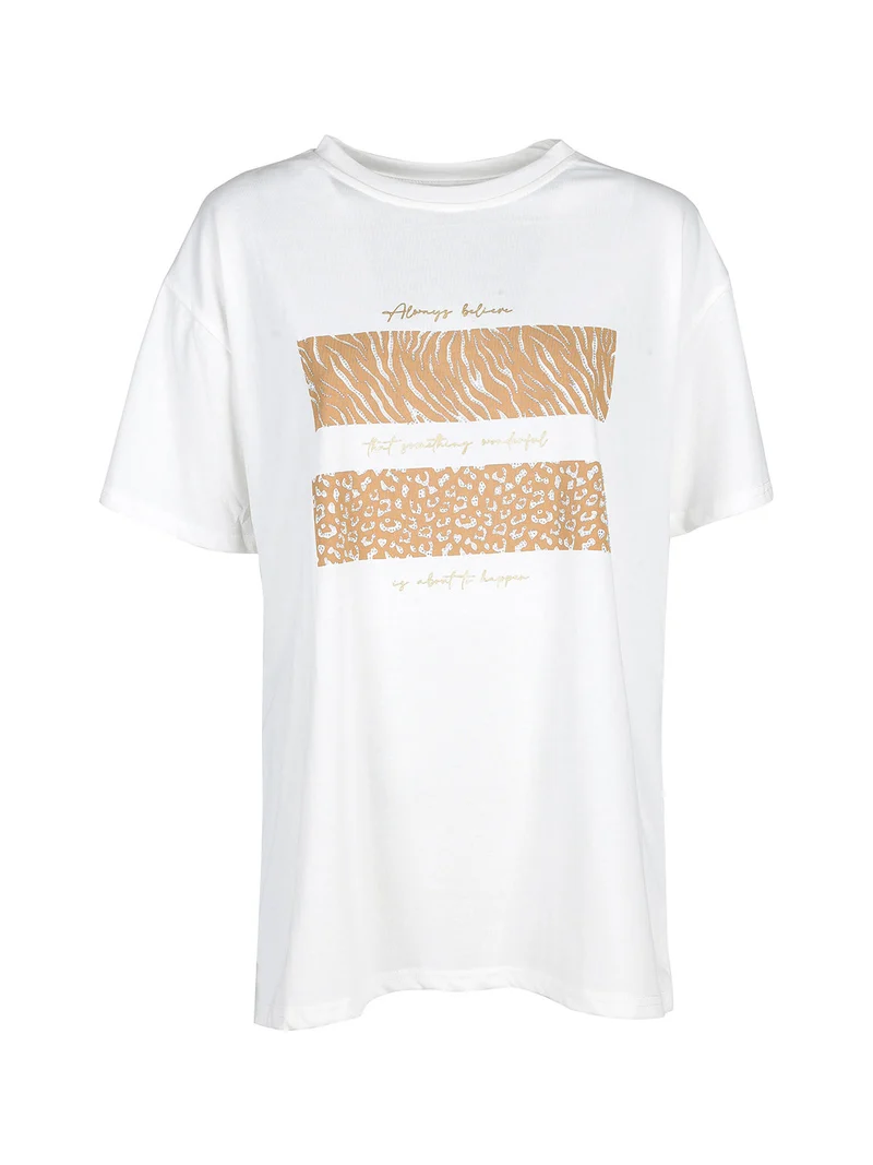 T-shirt girocollo da donna con stampa e dettagli strass - bianco
