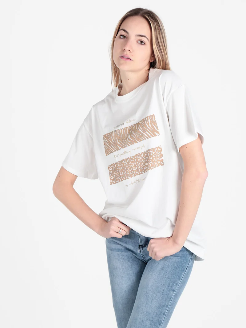 T-shirt girocollo da donna con stampa e dettagli strass - bianco