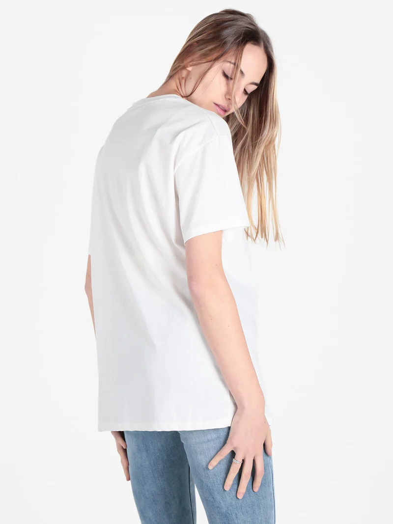 T-shirt girocollo da donna con stampa e dettagli strass - bianco
