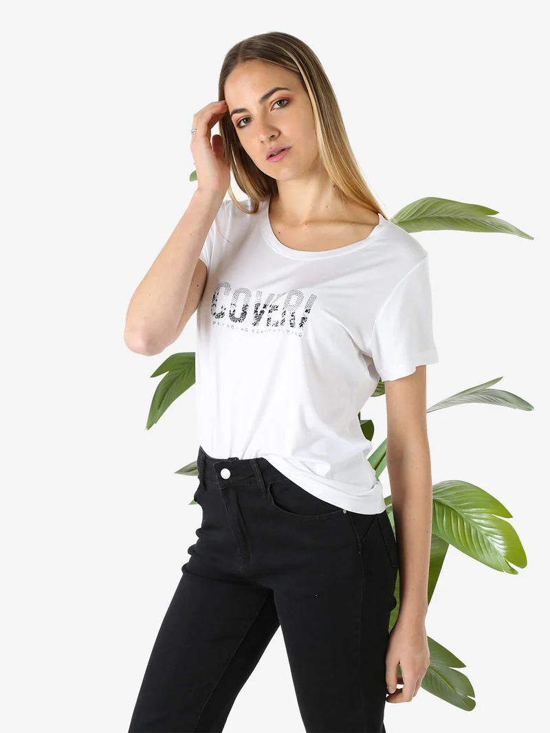 T-shirt donna in viscosa con strass - bianco