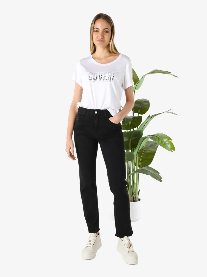 T-shirt donna in viscosa con strass - bianco