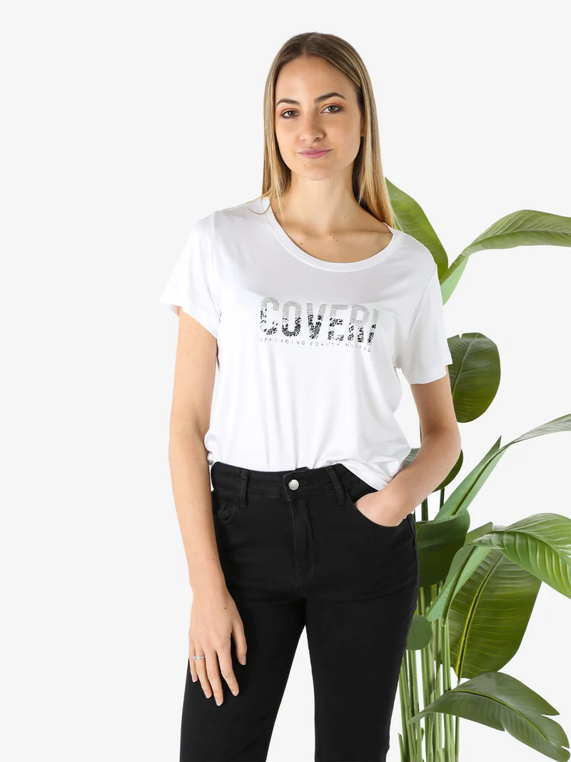 T-shirt donna in viscosa con strass - bianco
