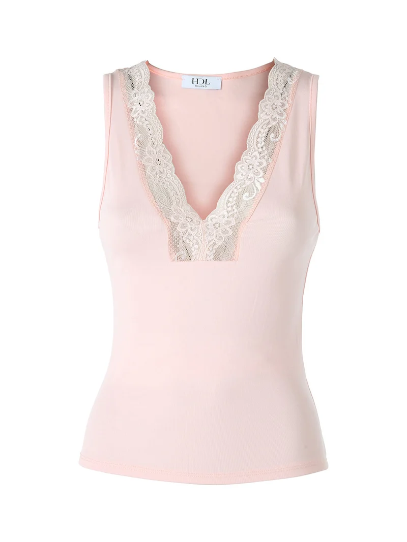 Top donna con scollo a V e pizzo - rosa