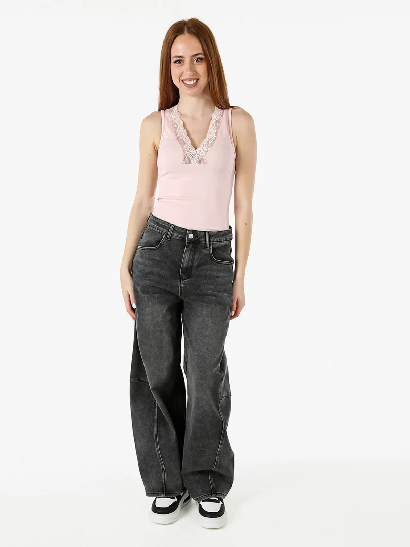 Top donna con scollo a V e pizzo - rosa