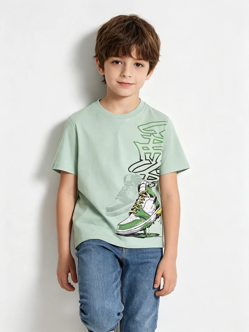 T-shirt da ragazzo in cotone con stampa - verde chiaro