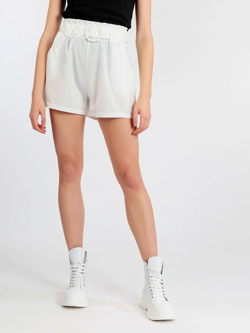 Shorts donna vita alta con cintura - bianco