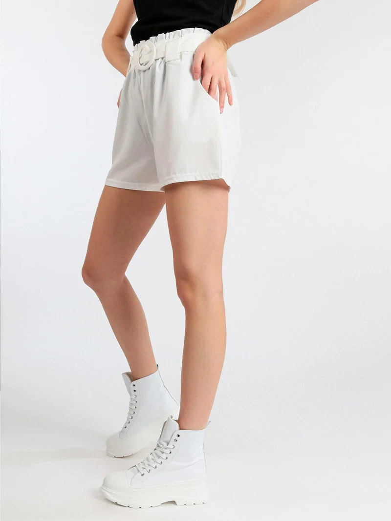 Shorts donna vita alta con cintura - bianco