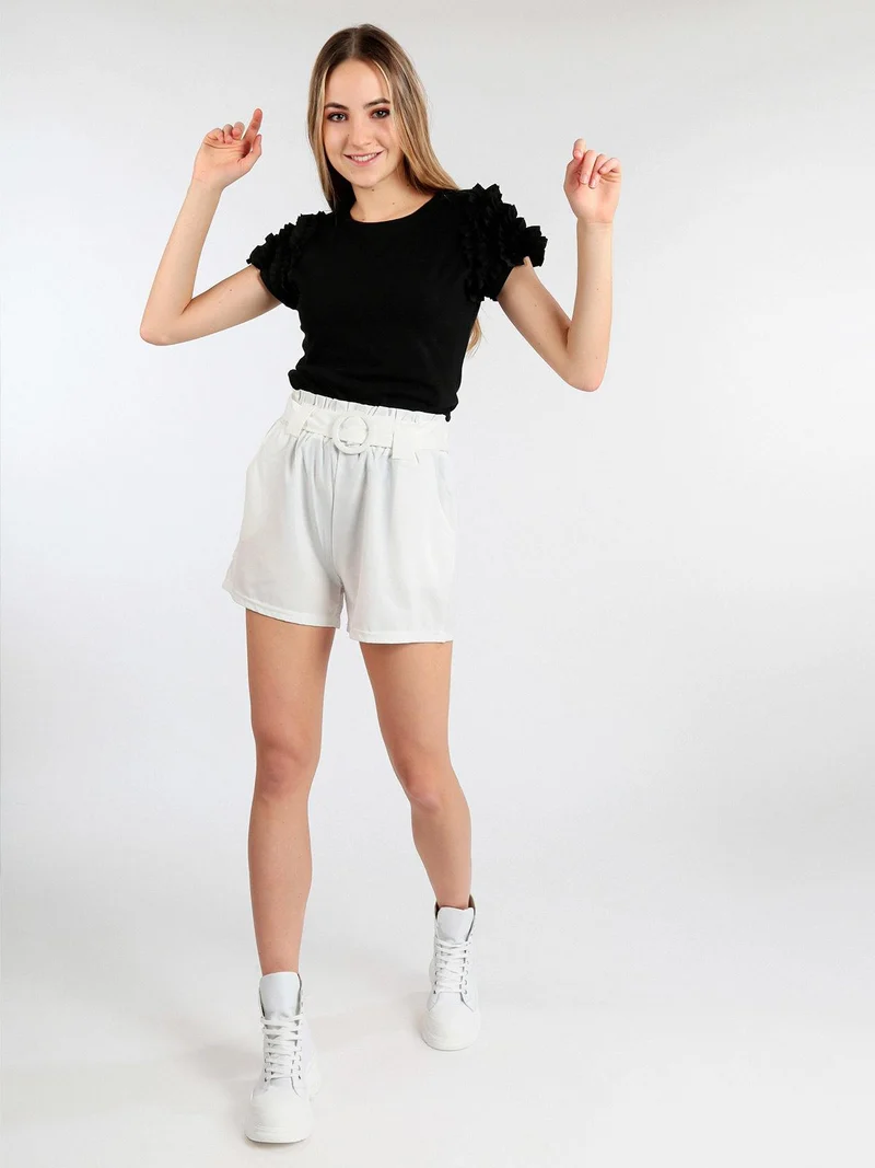 Shorts donna vita alta con cintura - bianco